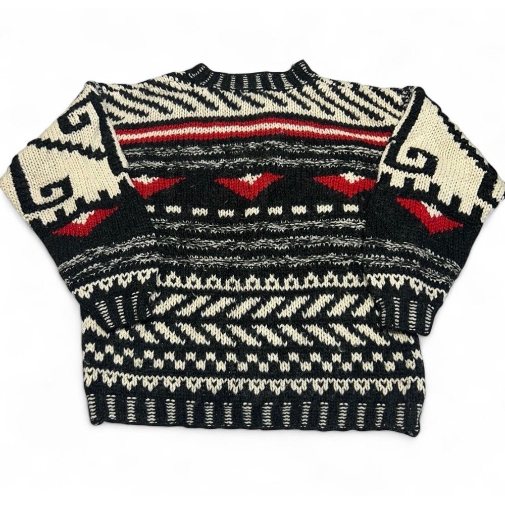 Flexible Vintage Chunky Knit Geometric Tribal Sweater Black Red White Mens M - Picture 2 of 7
